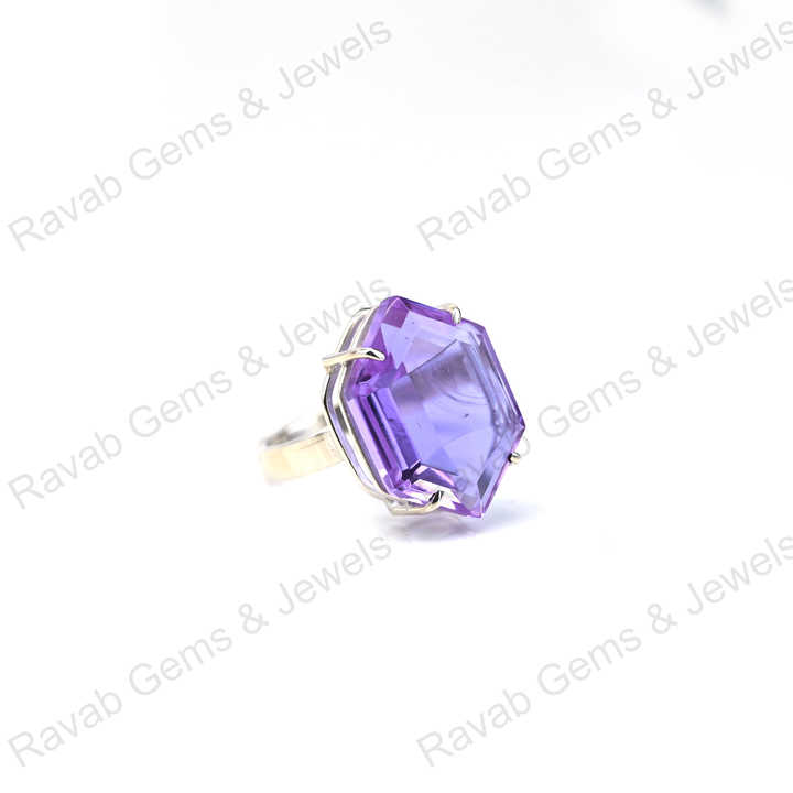 New Arrival Top Quality Solid 925 Sterling Silver Purple Amethyst Quartz Hexagon Cut Shape Ring for Women Fine Handmade Jewelry