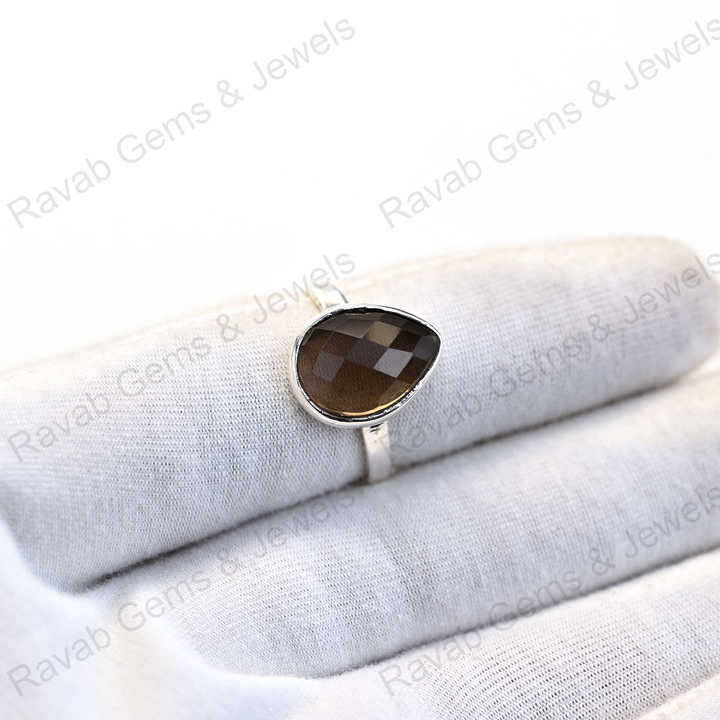 Best Quality Solid 925 Sterling Silver Smoky Quartz Pear Shape Checker Cut Ring for Women Fine Handmade Daily Wear Jewelry