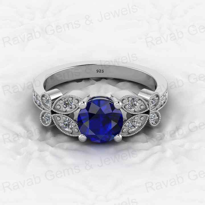 Beautiful Genuine 925 Silver Round Cut Blue Sapphire Quartz With CZ Gold Vermeil Eternity Prong Women Designer Ring Fine Jewelry