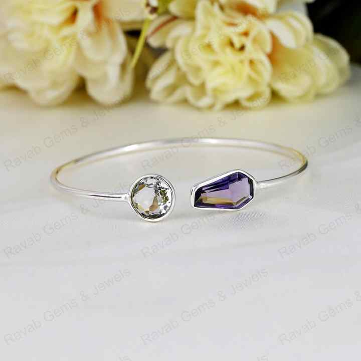 Superb Genuine 925 Sterling Silver Amethyst Coffin & Round Shape Bezel Setting Minimalist Adjustable Bangle Bracelet For Women