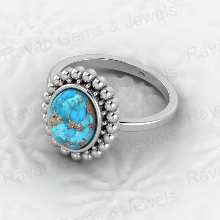 Best Selling 925 Silver Vermeil Eternity Band Natural 8x10mm Pyrite Turquoise Gemstone Bezel Oval Beaded Boho Ring Women Jewelry