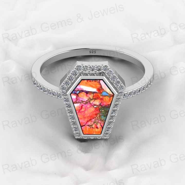 Top Selling Genuine 925 Silver Mix Oyster Copper Mohave Turquoise Gemstone Bezel Sating Coffin Designer Ring for Women Jewelry
