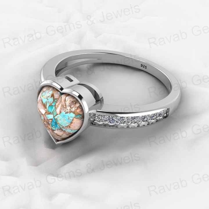 Top Selling Genuine 925 Silver 8x8mm Heart Pink & Blue Copper Turquoise Gemstone Ring for Women Valentine Gift Idea Jewelry
