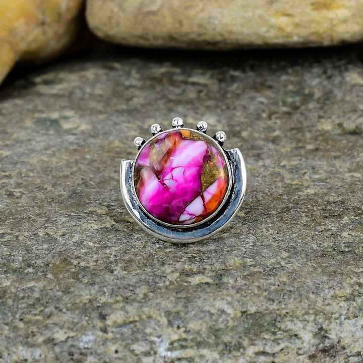 Beautiful 925 Silver Boho Statement Ring for Women Handmade 13mm Kingman Pink Dahlia Copper Turquoise Stone Navajo Fine Jewelry