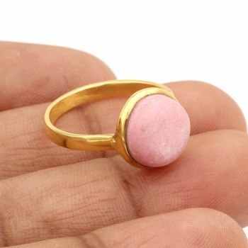 Solid 925 Sterling Silver 18K Gold Plated Handmade Natural Pink Thulite 12mm Round Bezel Setting Ring Unisex Jewelry for Women