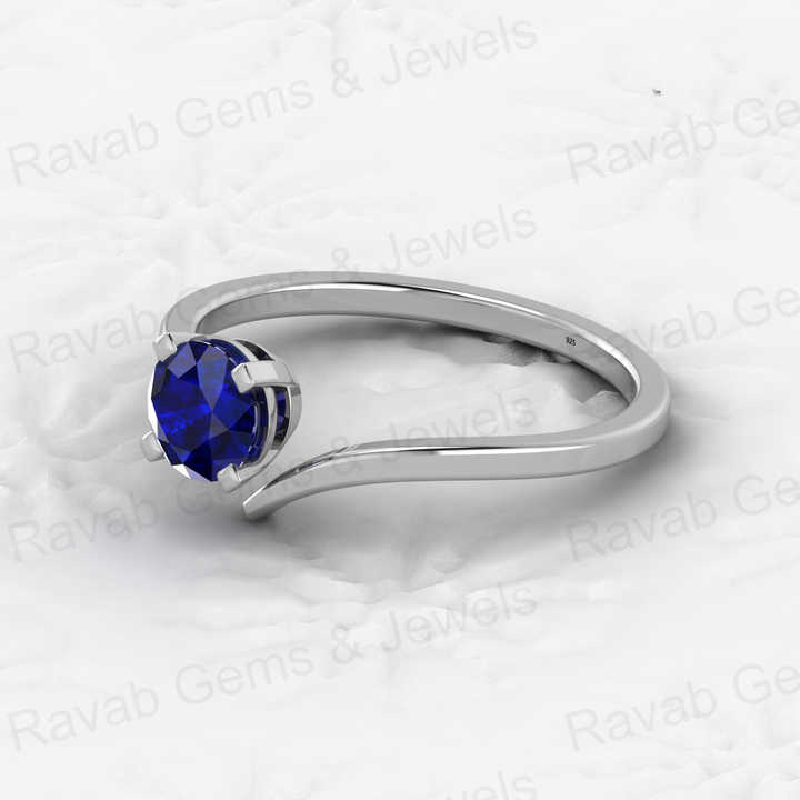 Top Quality 925 Sterling Silver 5mm Round Cut Blue Sapphire Hydro Vermeil Eternity Prong Setting Solitaire Bypass Ring for Women