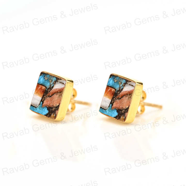 High Quality 925 Sterling Silver Fine Stud Earrings Handmade Mohave Spiny Oyster 12mm Square Bezel Stud Flat for Women