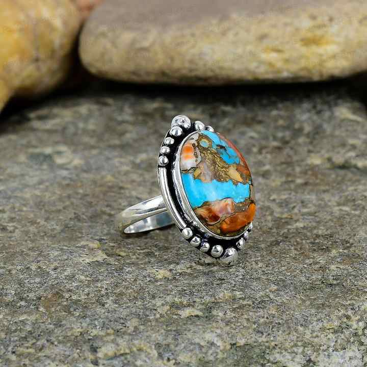 High Quality Handmade 925 Sterling Silver Ring for Women Vintage Fine Jewelry with Spiny Oyster Turquoise 10x14mm Bezel Setting