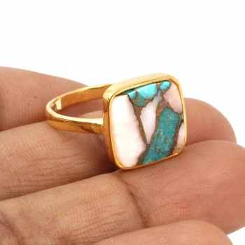 Solid 925 Sterling Silver 18k Gold Plated Pink Opal Copper Turquoise 12mm Cushion Bezel Setting Handmade Women Ring