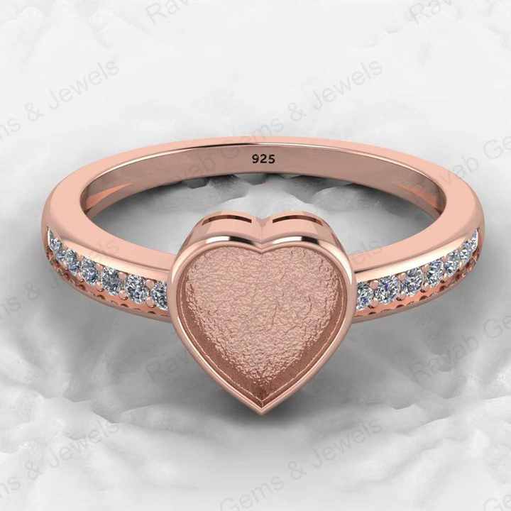 Genuine 925 Silver 8mm Heart CZ Breastmilk Semi Mount Blank Collet Ring Setting for Stone Resin & Ashes Work Keepsake Jewelry
