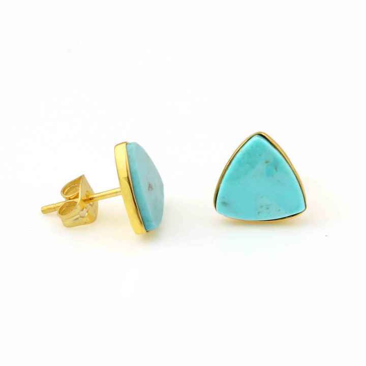 New Arrival Solid 925 Sterling Silver 12mm Trillion Bezel Stud Earring Gold Genuine Arizona Turquoise Handmade Women-Gift