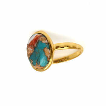 New Arrival Solid 925 Sterling Silver 18k Gold Plated Natural Spiny Oyster Copper Turquoise Oval Bezel Setting Ring for Women