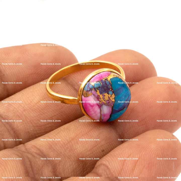 Beautiful 12mm Natural Mix Oyster Orange Purple Copper Turquoise Sterling Silver Jewelry Gold Plated Boho Round Ring for Her
