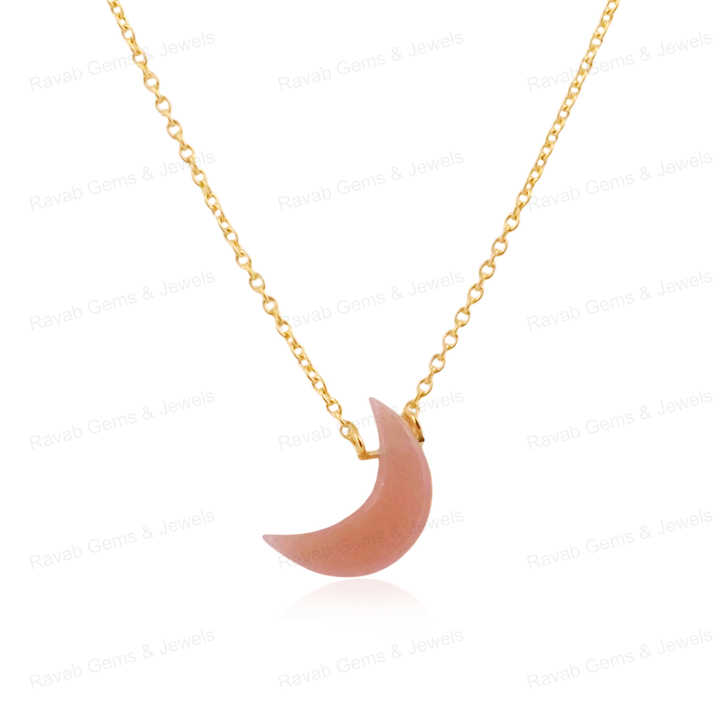 Top Trending 925 Silver Fine Jewelry Natural Crystal Peach Moonstone Floating Crescent Moon Shape Pendant Necklace for Women