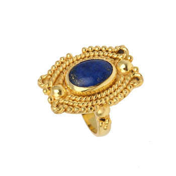 Best Selling Designer Boho Oval Shape Ring Women 10x14mm Lapis Lazuli Gemstone Bezel 18k Gold Plated Sterling Silver Fine