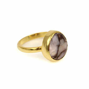 Best Selling 18K Gold Plated Genuine Pink Opal 925 Sterling Silver Handmade Dainty Ring for Women Copper Gemstone Bezel Setting