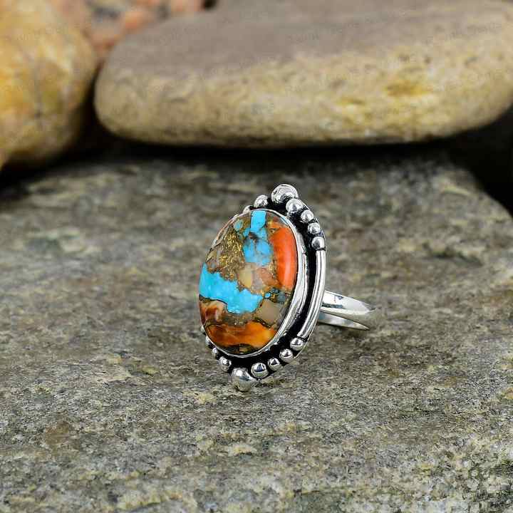 High Quality Handmade 925 Sterling Silver Ring for Women Vintage Fine Jewelry with Spiny Oyster Turquoise 10x14mm Bezel Setting