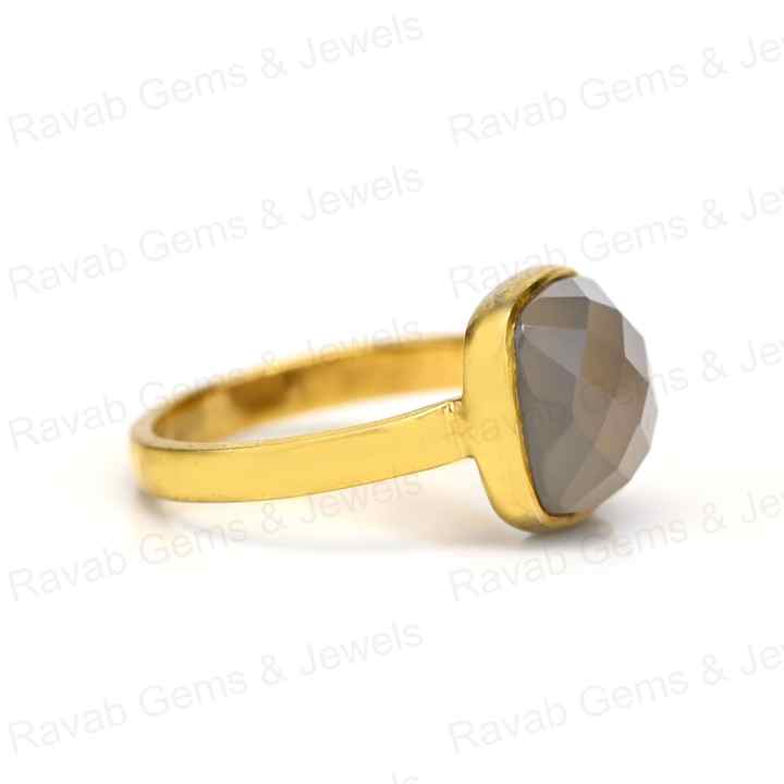 Best Selling Solid 925 Silver Fine Jewelry 12mm Grey Chalcedony Faceted Cushion Cut Gold Vermeil Eternity Band Ring for Women