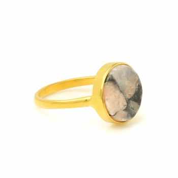 12mm Natural White Calcite Copper Gemstone Bezel Jewelry Top Quality 18k Gold Plated Silver Dainty Round Coin Shape Ring for Her