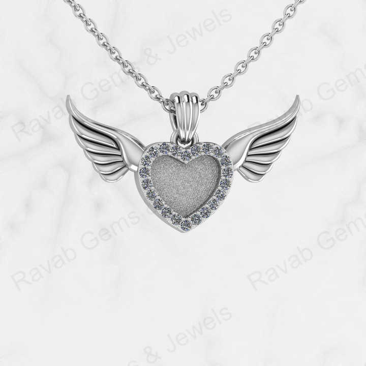 Solid 925 Silver Angel Wings Heart Base Blank Bezel CZ Setting Ashes Resin Keepsake Charm Pendant Jewelry Findings Components