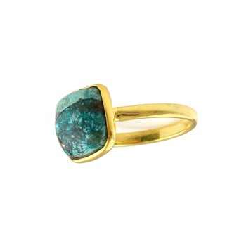 Solid 925 Sterling Silver Cushion Shape Ring 18K Gold Plated with Natural Chrysocolla Copper 12mm Bezel Setting for Women