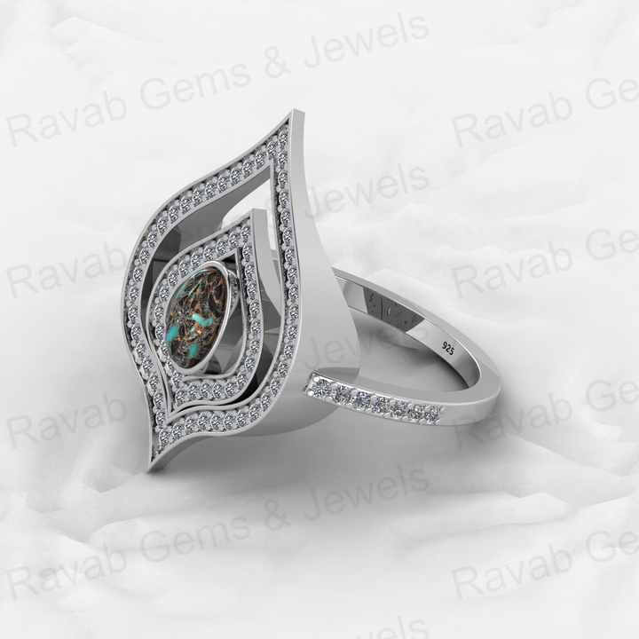 Top Selling Genuine 925 Sterling Silver Blue & Black Copper Turquoise oval 6x8mm Gemstone Bezel Setting CZ Crown Ring For Custom Jewelry
