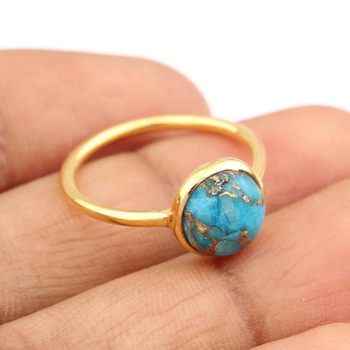 Beautiful 12mm Mohave Blue Copper Turquoise Round Cabochon Bezel Handmade 925 Silver Vermeil Eternity Ring Fine Jewelry For Her