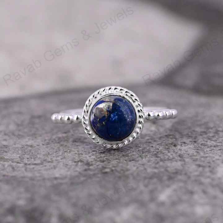 Natural Lapis Lazuli 10mm Round Cabochon Gemstone Solid 925 Sterling Silver Beaded Bezel Setting Ring Handmade Fine Jewelry