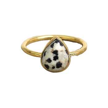 High Quality 925 Solid Sterling Silver 18K Gold Plated Natural Dalmatian Jasper 12x16mm Pear Bezel Setting Ring Fine Jewelry