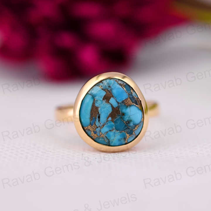 Best Selling 12x13mm Mohave Blue Copper Turquoise 925 Silver Gold Vermeil Bezel Organic Shape Dainty Women Ring Navajo Jewelry