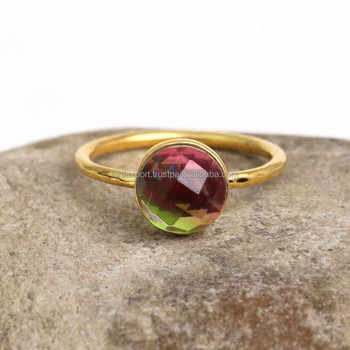 Solid 925 Sterling Silver Bio Color Tourmaline Hydro Quartz Checker Cut Bezel Setting Ring Women's Vintage Handmade Fine Jewelry