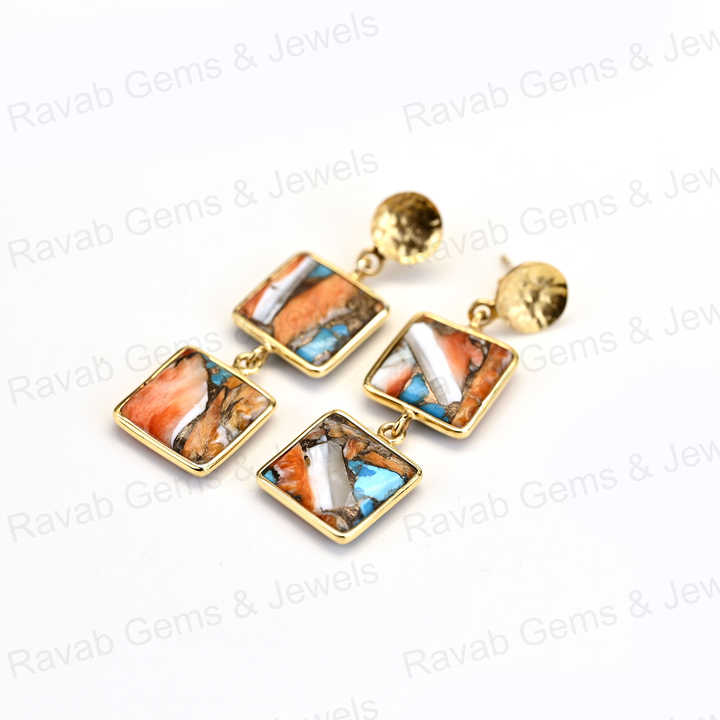 New Arrival Solid 925 Sterling Silver Natural Spiny Oyster 10mm Square Smooth 18k Gold Plated Dangle Drop Fine Earring for Women