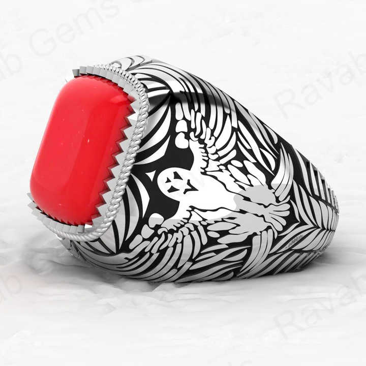 Best Selling Solid 925 Sterling Silver 9x13mm Red Coral Octa Cushion Shape Signet Ring for Men Customized Bikers Fine Jewelry
