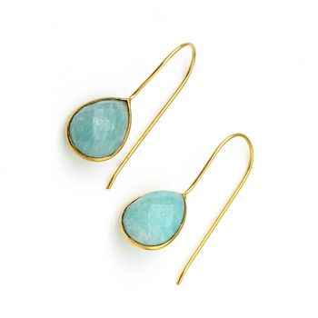 Best Selling 925 Sterling Silver Fine Dangle Earrings 12x16mm Natural Amazonite Bezel with Gold Plating Dainty Teardrop Design