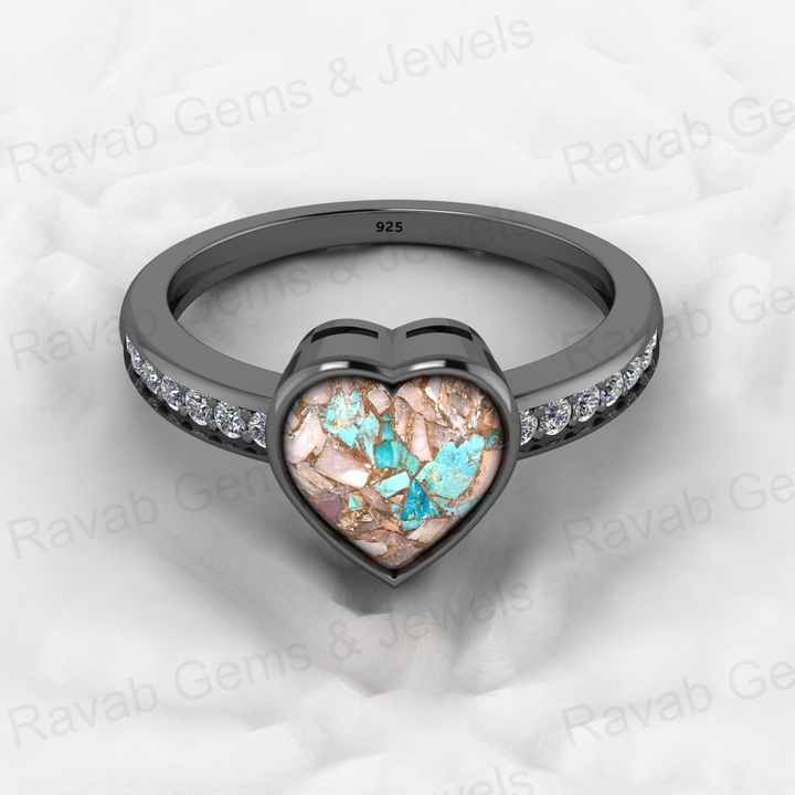 Top Selling Genuine 925 Silver 8x8mm Heart Pink & Blue Copper Turquoise Gemstone Ring for Women Valentine Gift Idea Jewelry