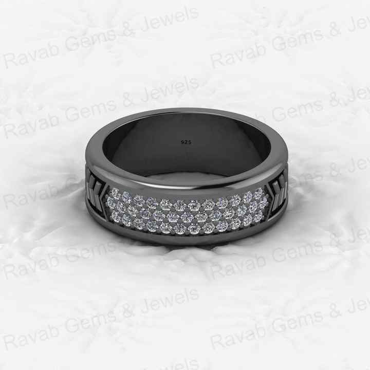 Top Quality 925 Silver Vermeil Cuban Curb Arrow Bar Round Cut CZ Eternity 7mm Wide Band Men's Ring for Personalized Fine Jewelry