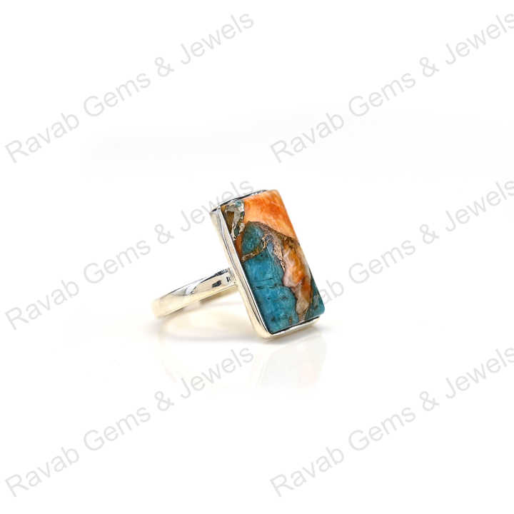 Superb Quality Solid 925 Sterling Silver Mix Oyster Turquoise Rectangle Shape Bezel Setting Ring for Women Fine Handmade Jewelry