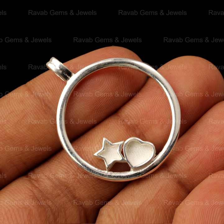 Selling Genuine 925 Silver Round Circle Disc With Star Heart Charm Semi Mount CZ Pendant Base for Keepsake Breastmilk Jewelry