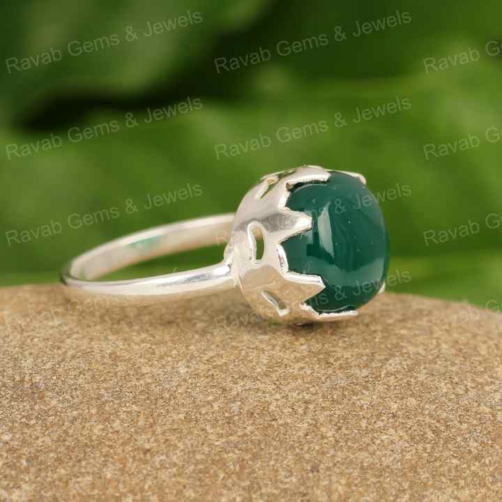 New Arrival Genuine Deep Green Onyx Gemstone Round Shape 12mm Solid 925 Sterling Silver Women Crown Design Handcrafted Ring