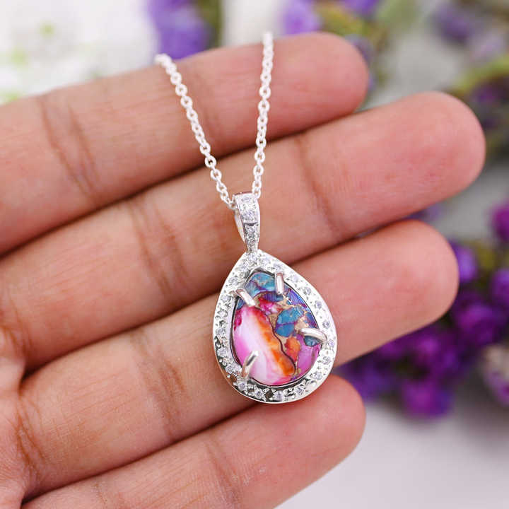 Beautiful 12x16mm Dahlia Mohave Mix Oyster Copper Turquoise With CZ 925 Silver Fine Jewelry Teardrop Pendant Necklace for Women