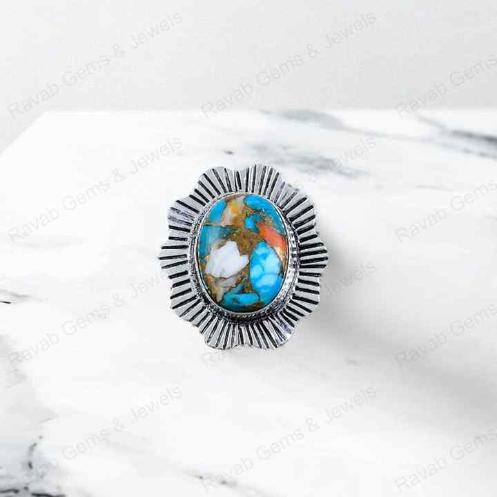 Best Quality Solid 925 Sterling Silver Natural Spiny Oyster Turquoise 10x14mm Oval Bezel Setting Ring for Women Navajo Jewelry