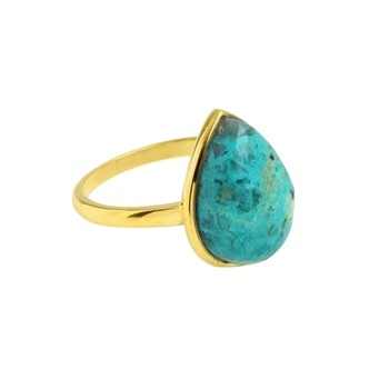 Dainty 10x14mm Natural Chrysocolla Stone Ring 18K Gold Plated 925 Sterling Silver Pear Shape Beautiful Fine Jewelry for Women