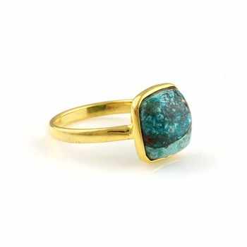 Solid 925 Sterling Silver Cushion Shape Ring 18K Gold Plated with Natural Chrysocolla Copper 12mm Bezel Setting for Women