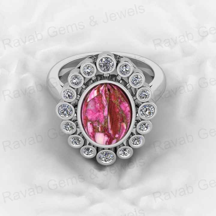 Top Selling 925 Silver 9x12mm Pink Kingman Dahlia Spiny Oyster Oval Shape Gemstone With CZ Solitaire Cocktail Ring for Women