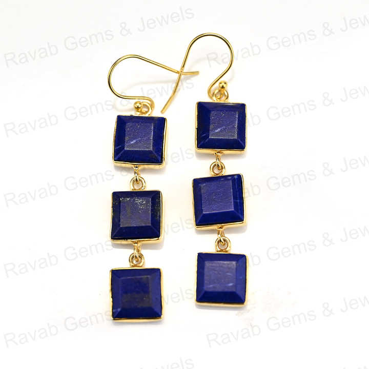 New Arrival Solid 925 Sterling Silver Natural Lapis Lazuli 10mm Square Cut 18k Gold Plated Dangle Drop Fine Earring for Women