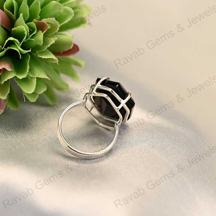 Hot Selling Solid 925 Sterling Silver Natural Black Onyx Hexagon Shape Prong Ring for Women Fine Handmade Gifted Jewelry