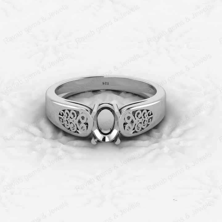Genuine 925 Sterling Silver 7x5mm Oval Semi Mount Blank Prong Setting Filigree Pre-Notched Ring Good for Gemstone Fine Jewelry