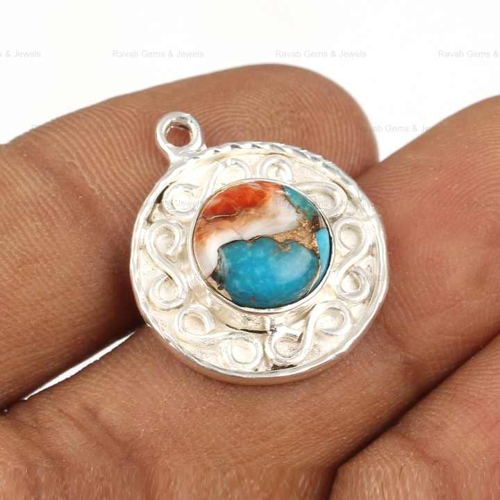High Quality Mohave Spiny Oyster Copper Kingman Turquoise 925 Sterling Solid Silver 12mm Round Designer Fine Pendant for Women