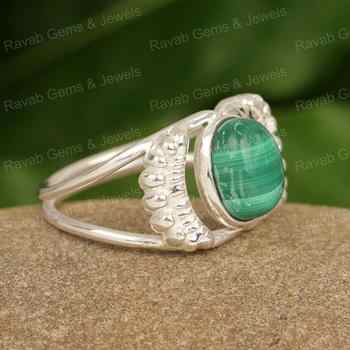 Best Selling 8x10mm Natural Green Malachite Oval Cabochon Elegant Designer Women's Birthday Gift Solid 925 Sterling Silver Ring