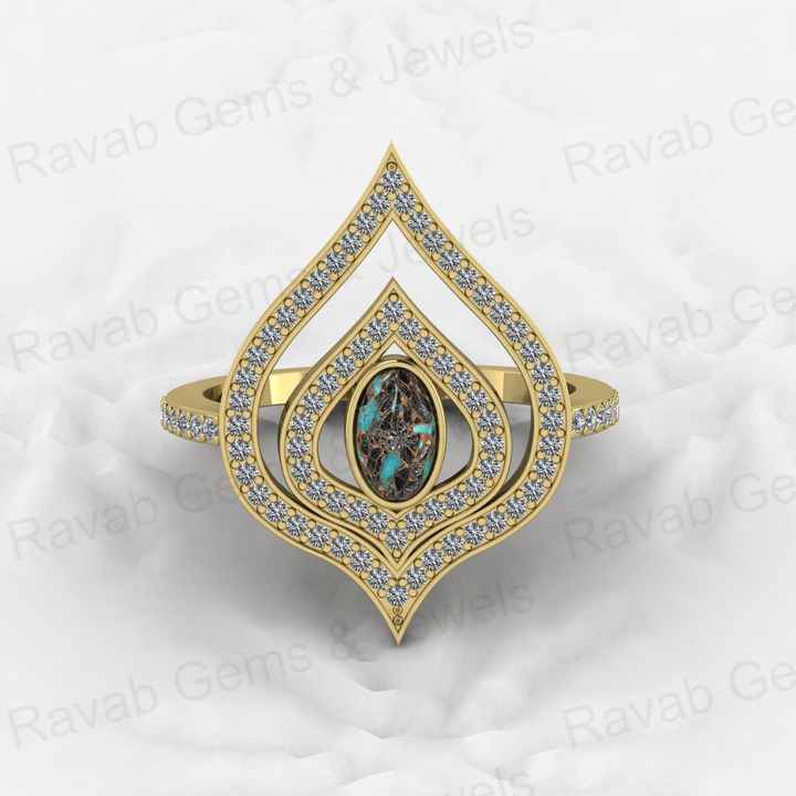 Top Selling Genuine 925 Sterling Silver Blue & Black Copper Turquoise oval 6x8mm Gemstone Bezel Setting CZ Crown Ring For Custom Jewelry